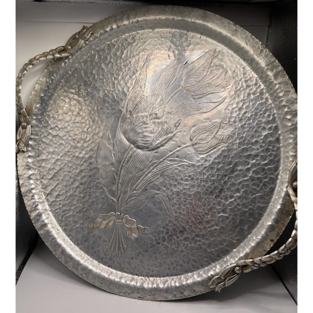 Hand Forged Aluminum Platter w/Dual Handles, Floral Decor, Back Stamp '478' 16"